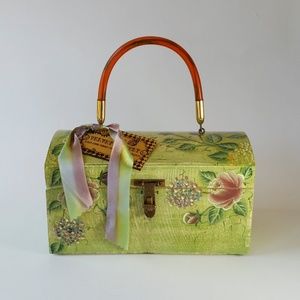 Vintage tole painted box bag, spring green and garden roses